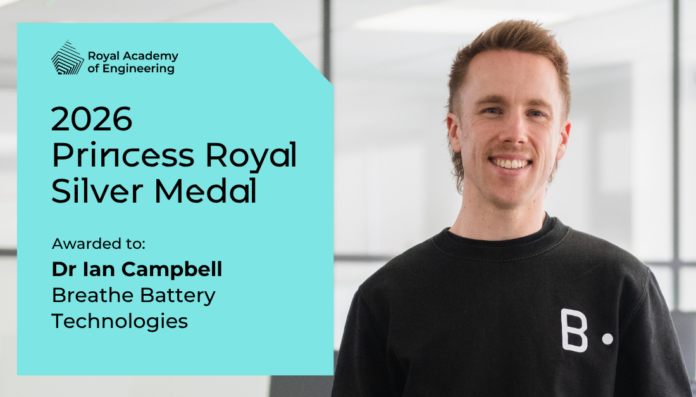 Ian Campbell, Co-founder of Breathe Battery Technologies, wins the Princess Royal Silver Medal award